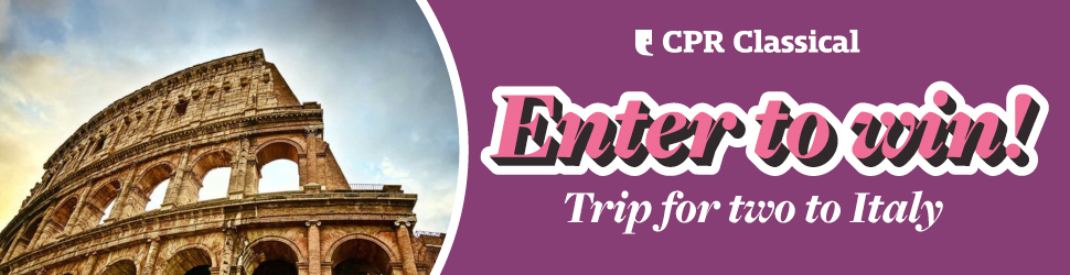 The Colosseum in Rome. CPR Classical logo. Enter to win! Trip for two to Italy.