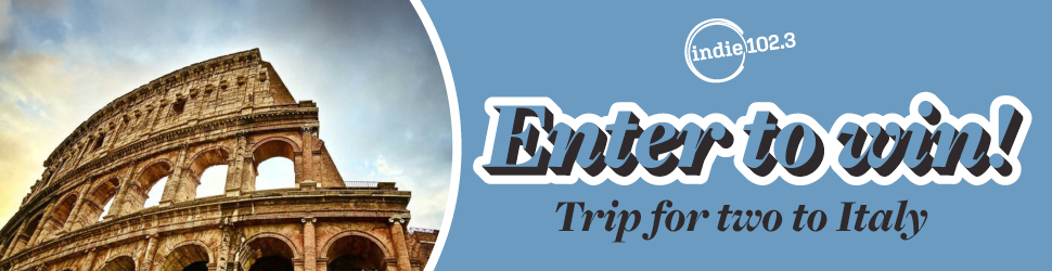 The Colosseum in Rome. Indie 102.3 logo. Enter to win! Trip for two to Italy.
