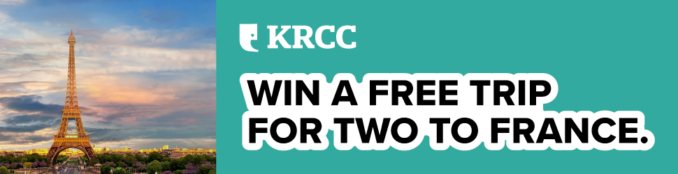 KRCC logo. Win a free trip for two to France.