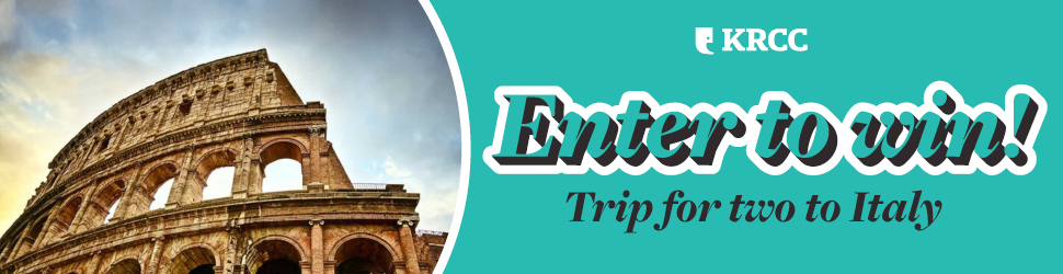 The Colosseum in Rome. KRCC logo. Enter to win! Trip for two to Italy.
